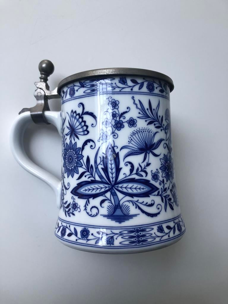 Bier pull in porselein met tinnen deksel, Antiquités & Art, Antiquités | Argent & Or, Enlèvement ou Envoi