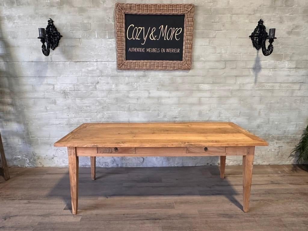 Antieke boerentafel - 202 x 91,5 cm + 79 cm hoog / 2 lades, Comme neuf, 50 à 100 cm, Chêne, Rectangulaire