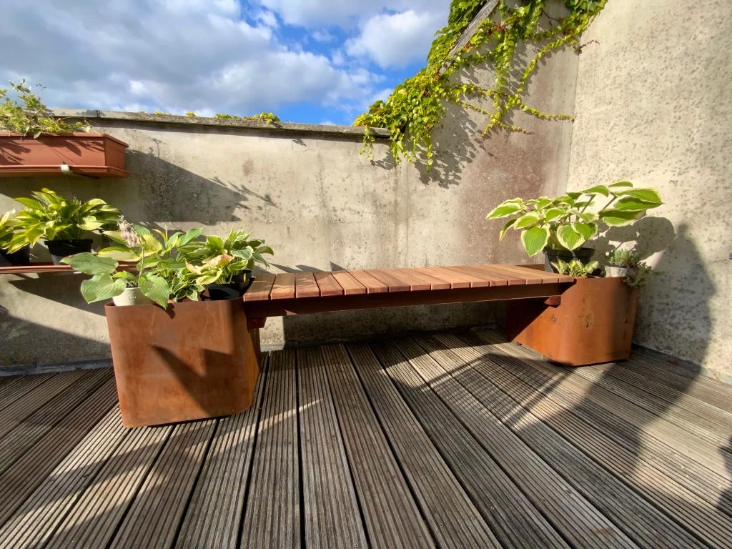 Nieuwe tuinbank in padoek en cortenstaal, Ophalen, Nieuw, Hout