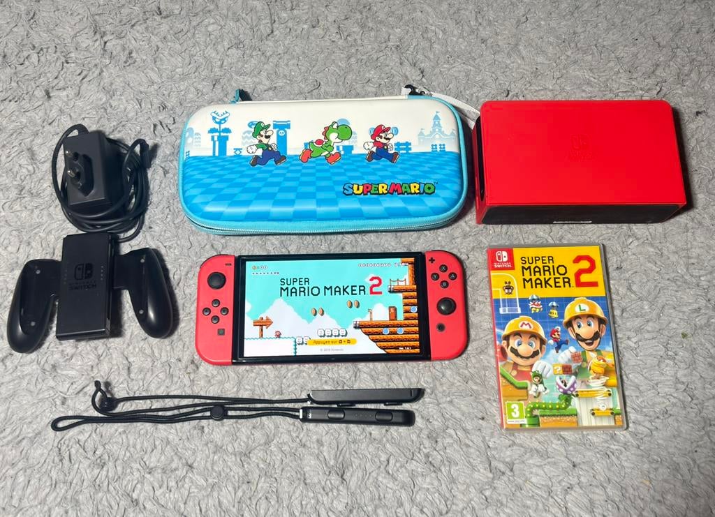 Nintendo Switch OLED Mario Ed +Mario Maker 2-console+hoesje, Games en Spelcomputers, Switch OLED, Met 2 controllers, Ophalen of Verzenden