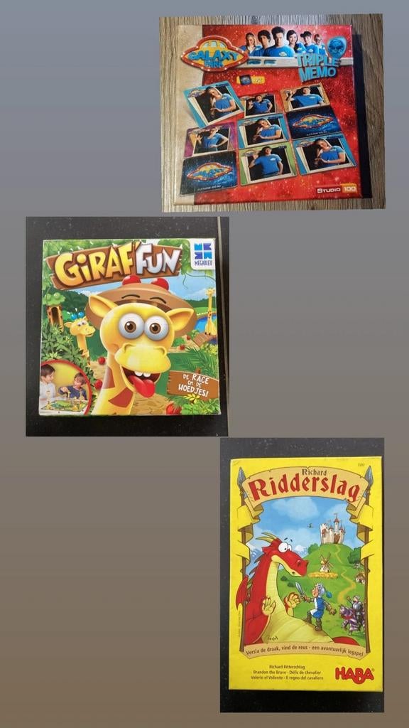 Lot van 3 gezelschapspellen (Memory, Giraf fun, Ridderslag), Een of twee spelers, Ophalen of Verzenden, Zo goed als nieuw, Haba