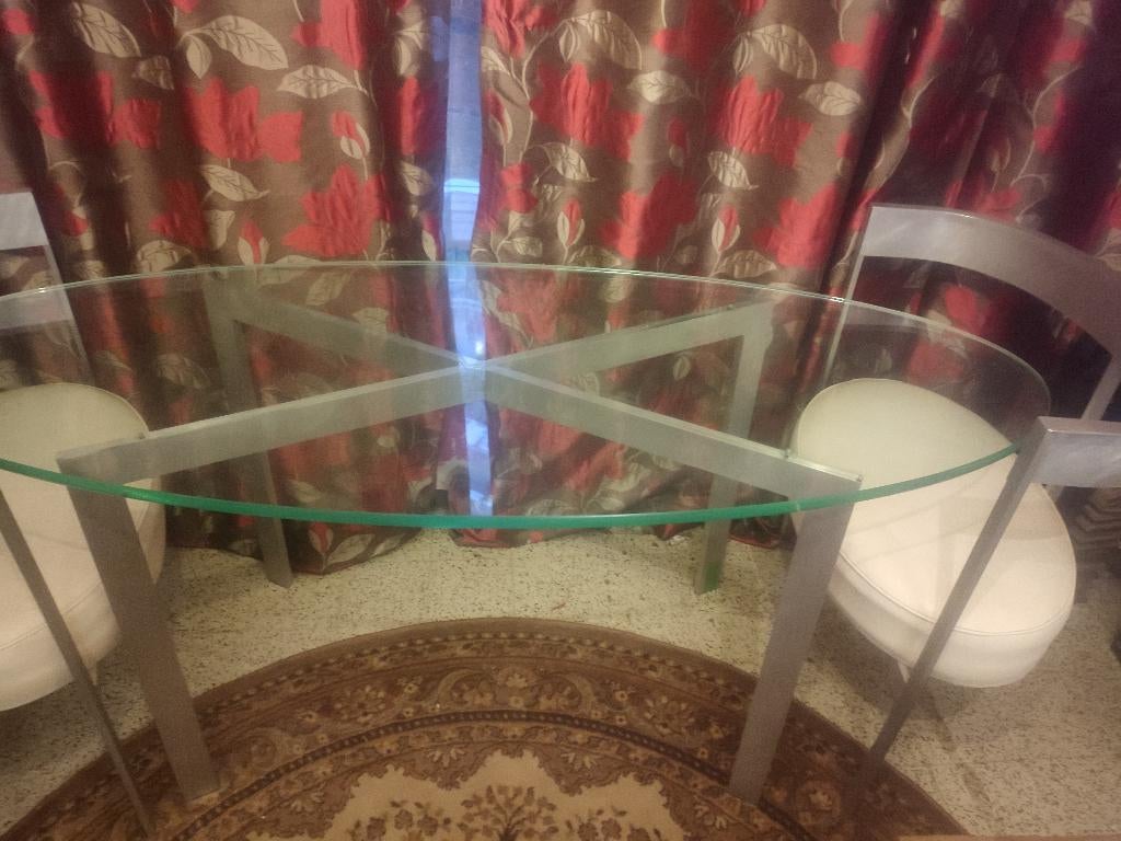 Moderne eettafel met 2 zetels( leren bekleding), Huis en Inrichting, Ophalen, Gebruikt, 50 tot 100 cm, Glas