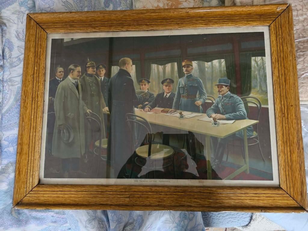 Oude kader met tekening ondertekening wapenstilstand 1918, Antiek en Kunst, Curiosa en Brocante, Ophalen