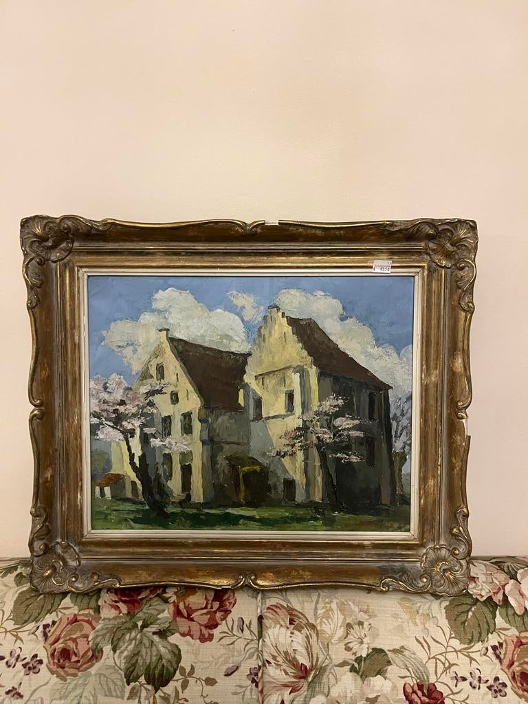 Peinture de maison vintage huile sur toile — cadre classique, Enlèvement