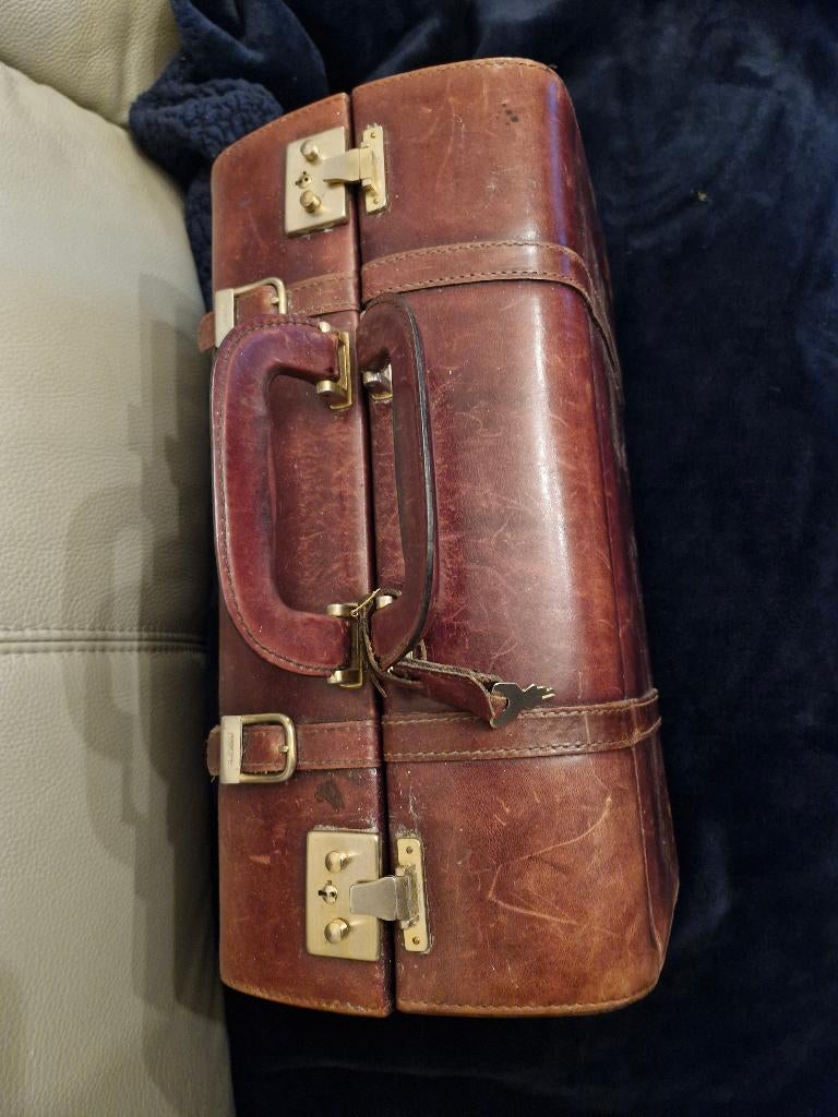 Vintage jaren 50 lederen reis beautycase v Principe, Handtassen en Accessoires, Beautycases, Gebruikt, Hardcase, Bruin, Met slot