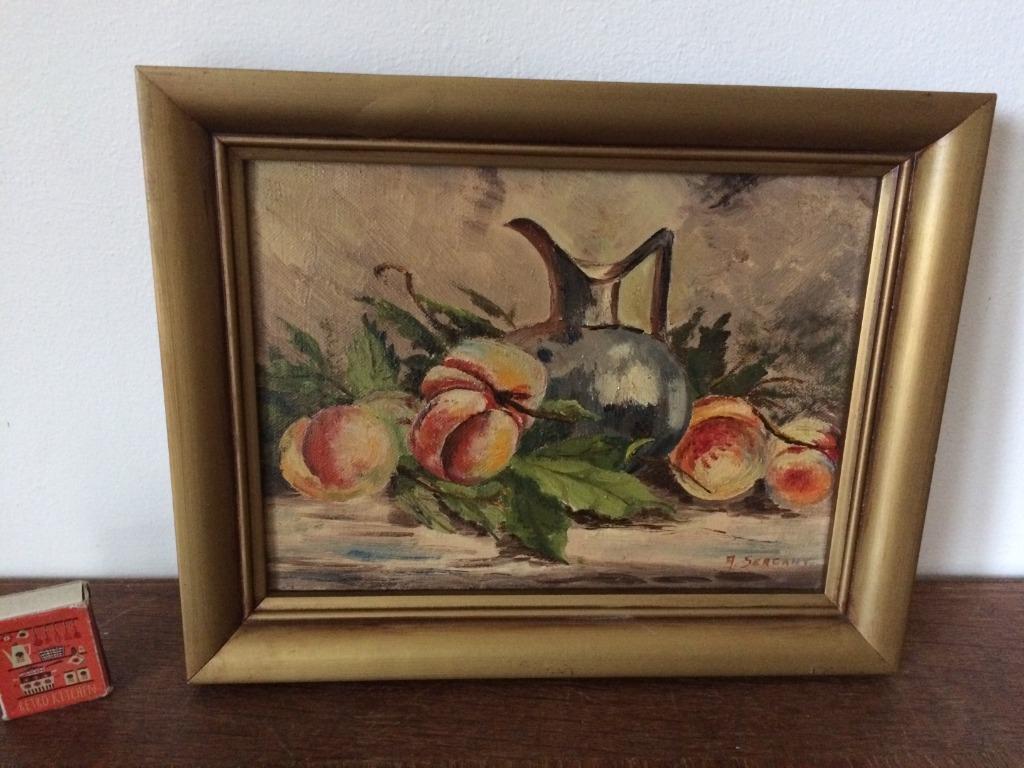 klein mini schilderijtje stilleven perziken bladeren kan oor, Minder dan 50 cm, Oorspronkelijke maker, Ophalen of Verzenden, Zo goed als nieuw