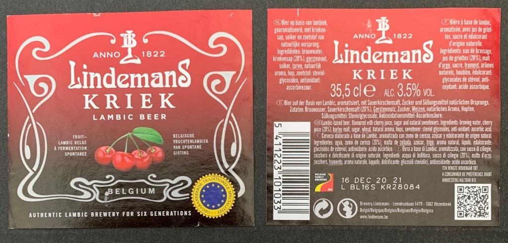 Étiquette de bière Lindemans Kriek Brasserie Lindemans (2n6), Collections, Enlèvement ou Envoi, Utilisé, Autres types, Autres marques