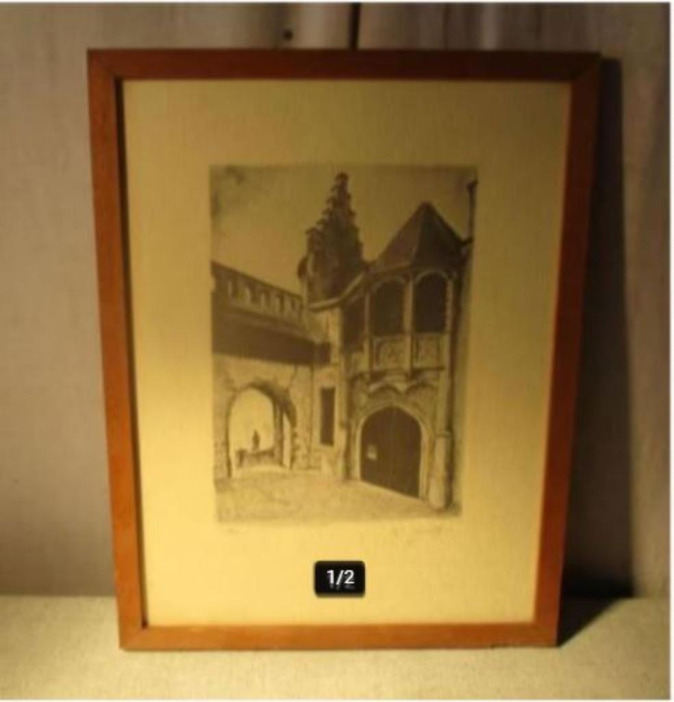 Mooie Oude Gravure 'Ingang van het Kasteel' - Lamy, Ophalen of Verzenden