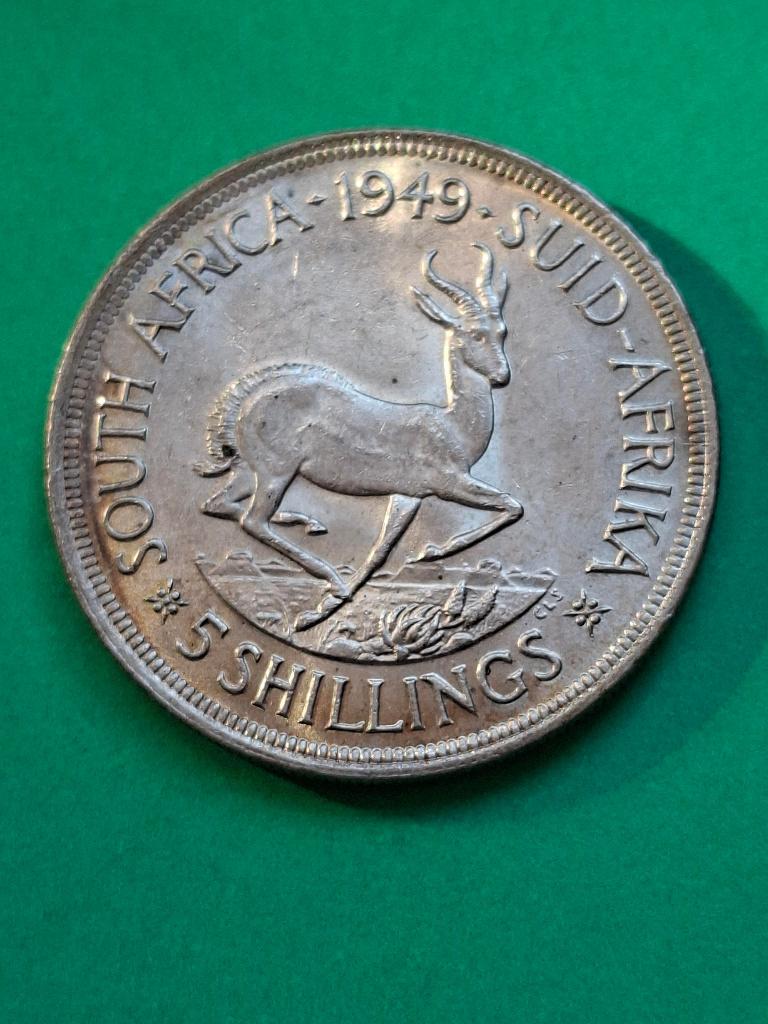 1949 Zuid Afrika 5 shillings in zilver met springbok, Verzenden, Zuid-Afrika, Losse munt, Zilver