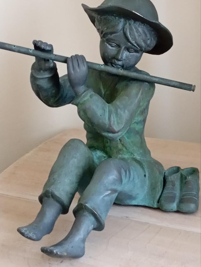 Groot Oud Bronzen beeld " Dwarsfluitspeler " Hoogte 45 CM, Ophalen
