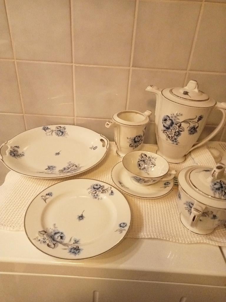 koffieset, blauw en zilver bloemenpatroon - vintage, Antiek en Kunst, Ophalen