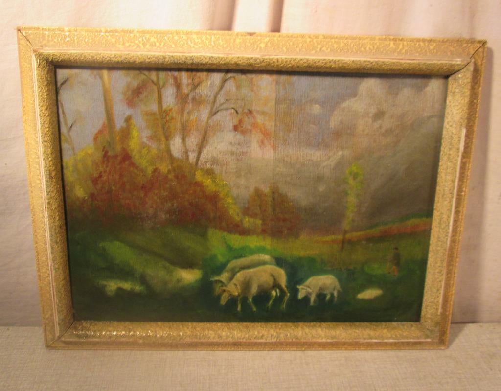 Oud Geschilderd Werk 'Man met Schapen' - 40x30, Ophalen of Verzenden