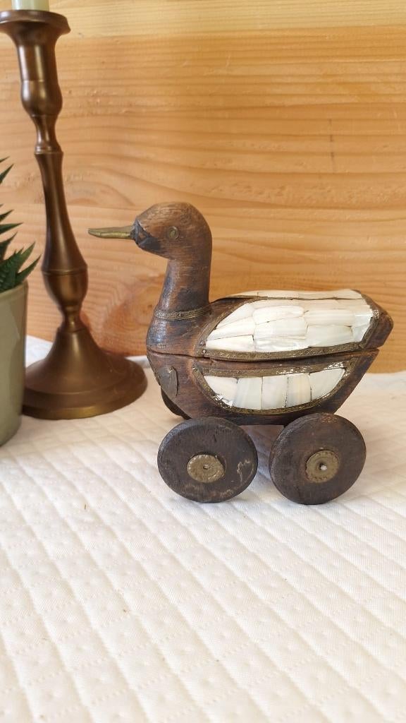 Antieke Houten Eend met parelmoer, Antiek en Kunst, Ophalen of Verzenden