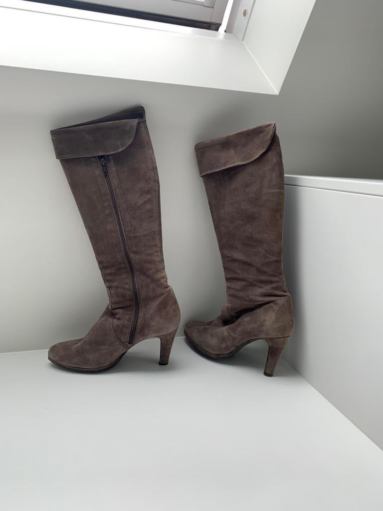 Dames laarzen, maat 38, denim , kleur taupe/bruin/grijs, Ophalen, Hoge laarzen, Vera gamma, Gedragen