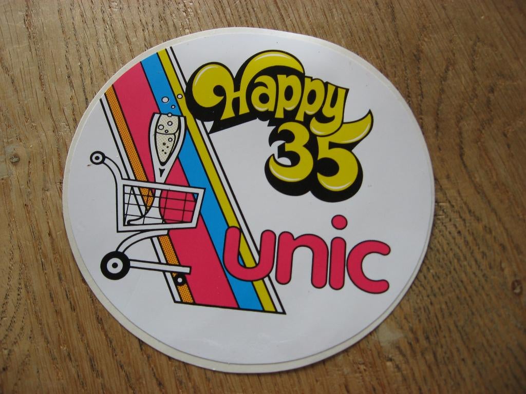 Happy 35 Unic 11 cm Sticker, Verzamelen, Stickers, Ophalen of Verzenden, Nieuw, Bedrijf of Vereniging