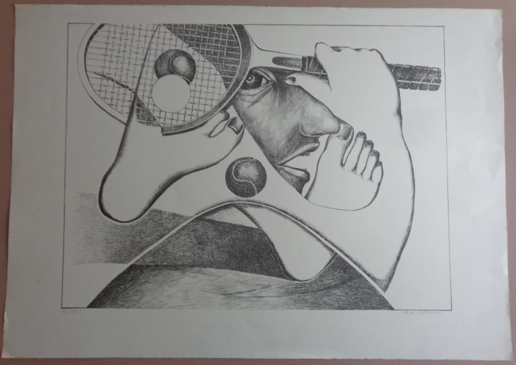 CYR FRIMOUT / TENNISSPELER / ZW-W LITHO / 64x90cm / SIG, Antiquités & Art, Art | Lithographies & Sérigraphies, Enlèvement ou Envoi