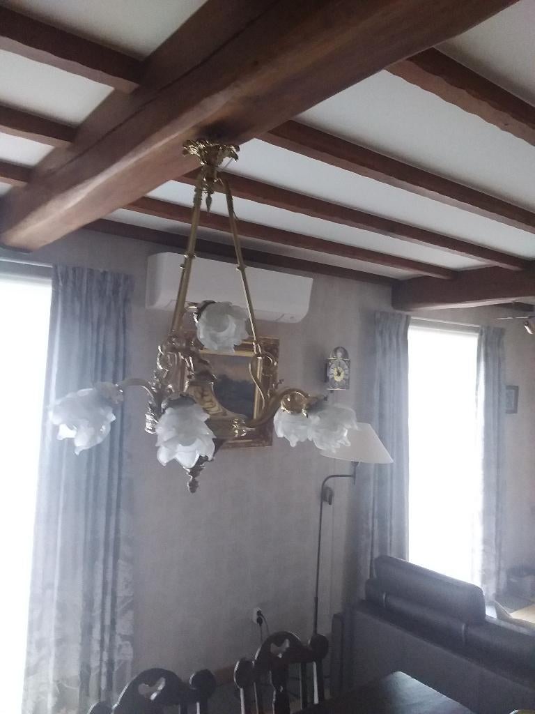 KOPEREN LUSTER MASSIEF, Huis en Inrichting, Lampen | Kroonluchters, Ophalen, Zo goed als nieuw, Antiek