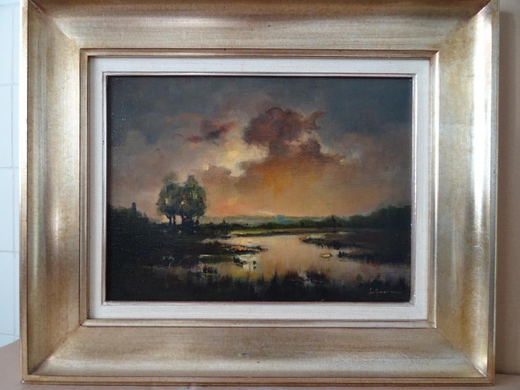 Vintage schilderij zonsondergang schilderij F. Caal..57x47cm, Antiek en Kunst, Kunst | Schilderijen | Klassiek, Ophalen of Verzenden