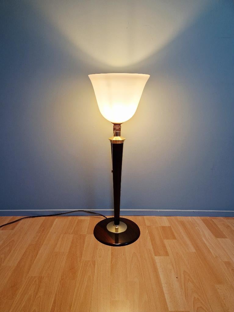 Grande lampe Art Déco Mazda en bois et opaline blanche, Antiquités & Art, Enlèvement ou Envoi