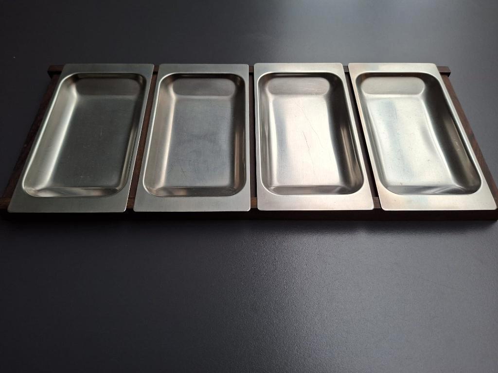 Vintage MCM Kaj Polk Denmark 4 inox schaaltjes, palisander, Huis en Inrichting, Ophalen of Verzenden, Gebruikt, Schaal of Schalen