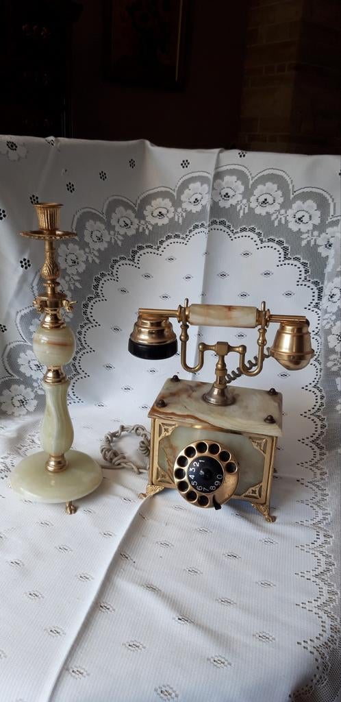 Vintage onyx marmer/messing kandelaar en telefoon, Antiek en Kunst, Ophalen