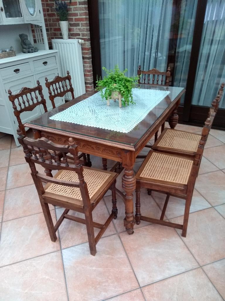 Tafel en 6 stoelen, 100 à 150 cm, Cinq personnes ou plus, Verre, Enlèvement