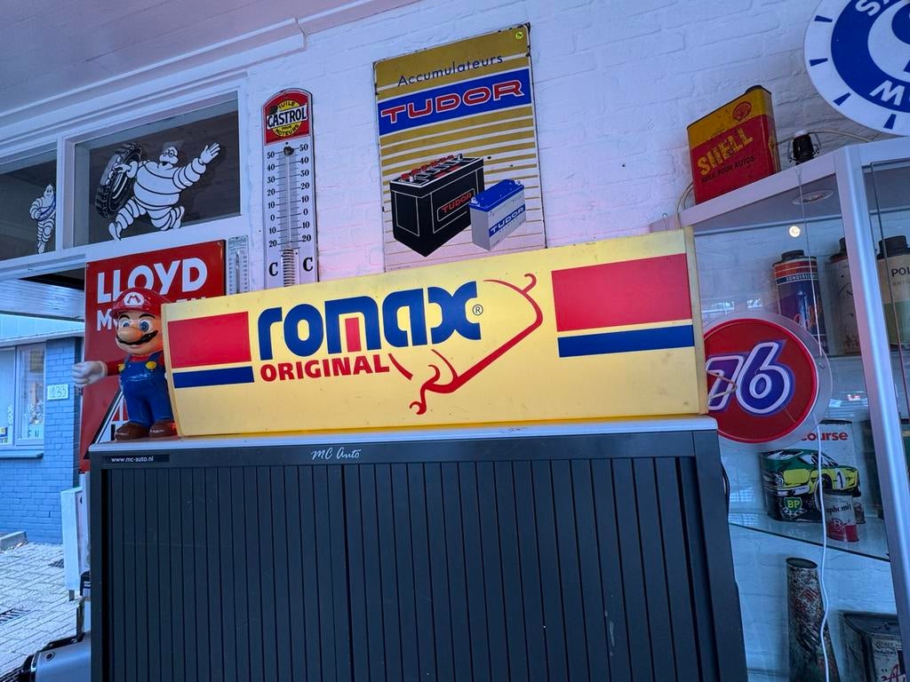 ROMAX Uitlaten oude reclame lichtbak, Verzamelen, Ophalen, Gebruikt, Lichtbak of (neon) lamp