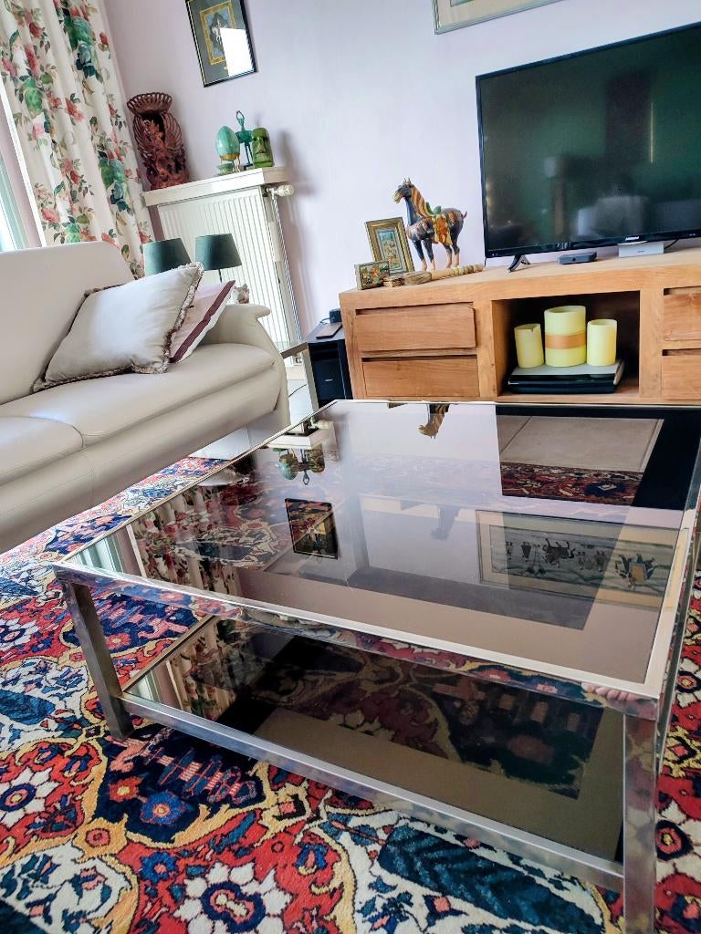 Table basse années 70 acier laiton et verre fumé 90,5 x 90,5, Maison & Meubles, Tables | Tables de salon, Moins de 50 cm, Années 70