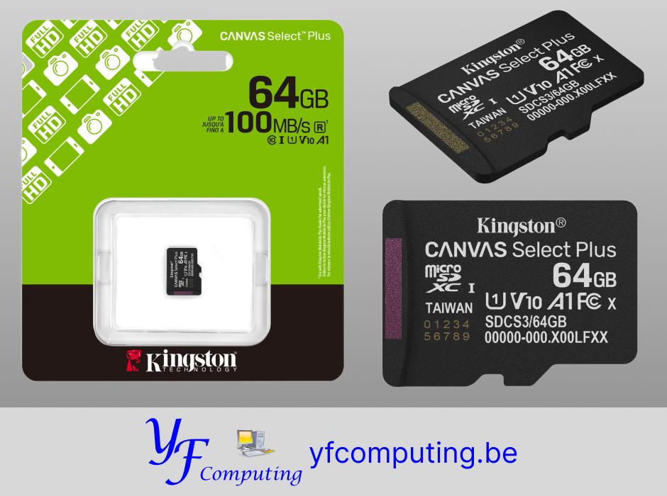 Kingston Canvas Select Plus microSD 64GB, Audio, Tv en Foto, Foto | Geheugenkaarten, Kingston, Nieuw, Ophalen of Verzenden, MicroSD