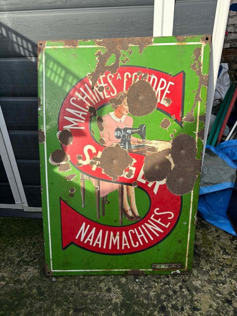 Plaque émaillée SINGER vintage – machine à coudre, Collections, Enlèvement