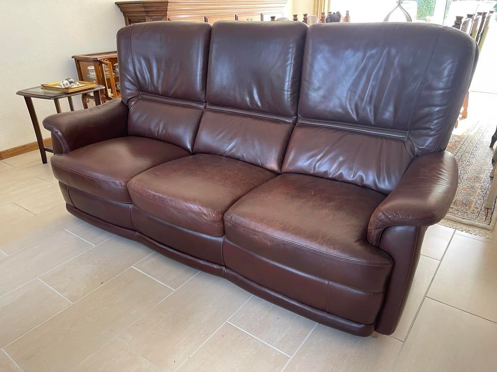 Echt lederen 3-zits bankstel in een mooie cognacbruine kleur, Huis en Inrichting, Zetels | Zetels, Ophalen, Zo goed als nieuw