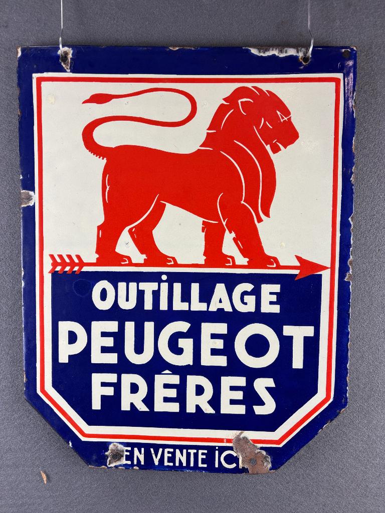 Oud origineel reclamebord Peugeot gereedschap ca 1950, Verzamelen, Ophalen of Verzenden, Gebruikt, Reclamebord