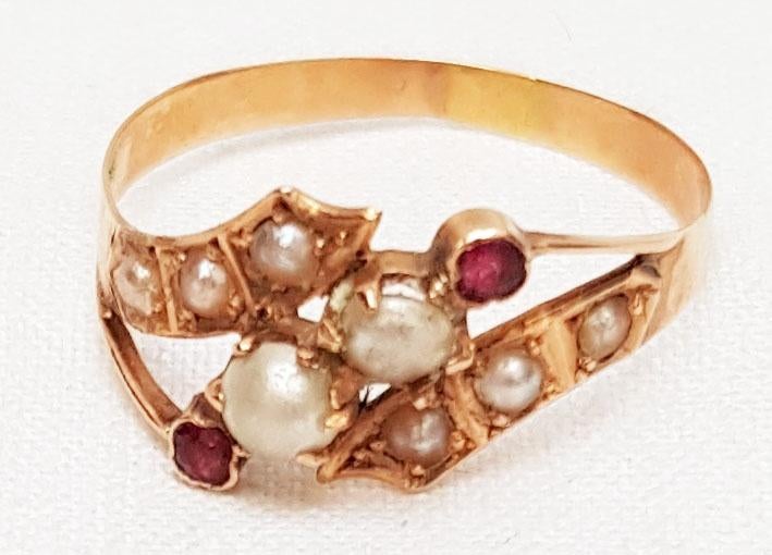 Ring kleursteen parel goud antiek victoriaans., Ophalen of Verzenden, Goud, Ring