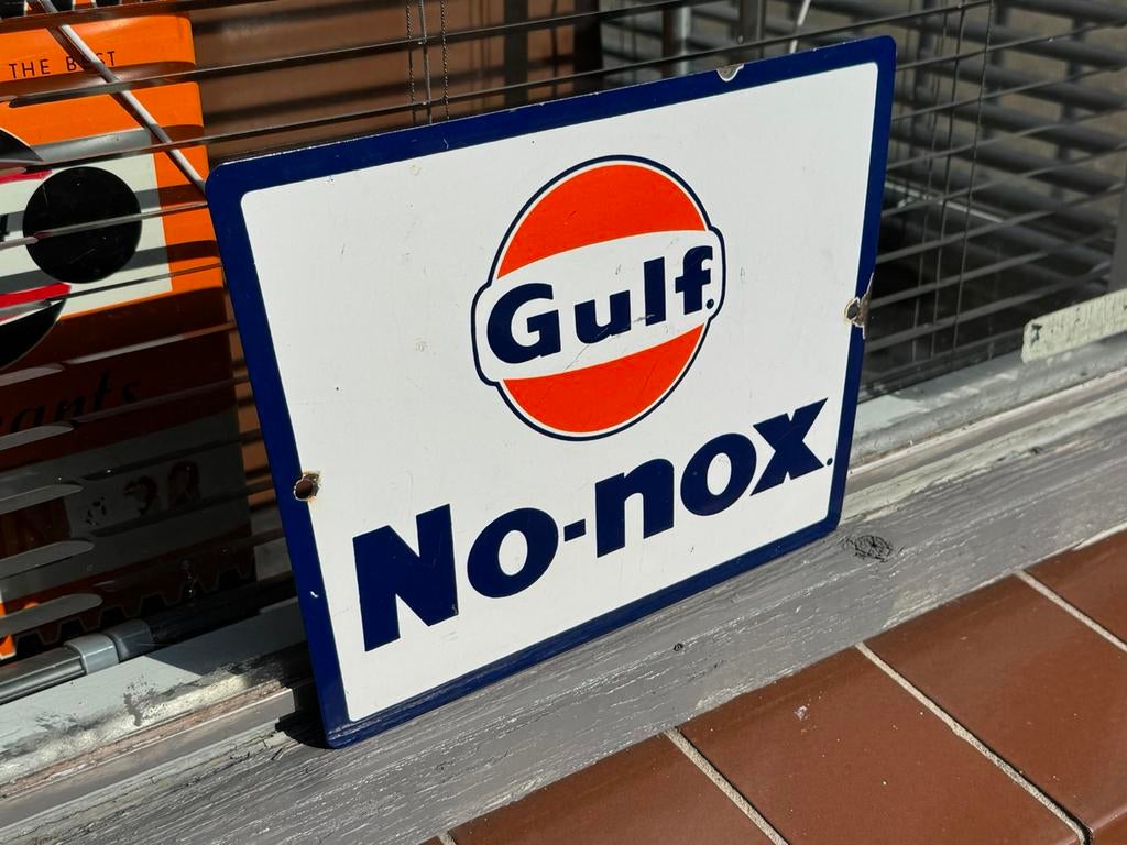 Ancien panneau d'affichage original en émail Gulf, Collections, Enlèvement ou Envoi, Utilisé, Panneau publicitaire