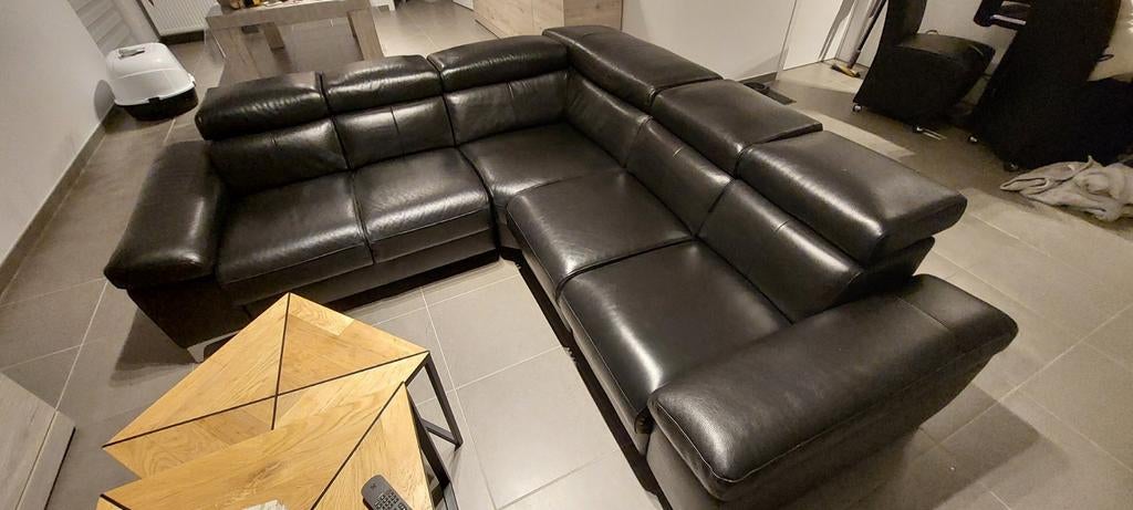 Canapé d'angle ROM en cuir noir avec relax électrique, Enlèvement, Cuir
