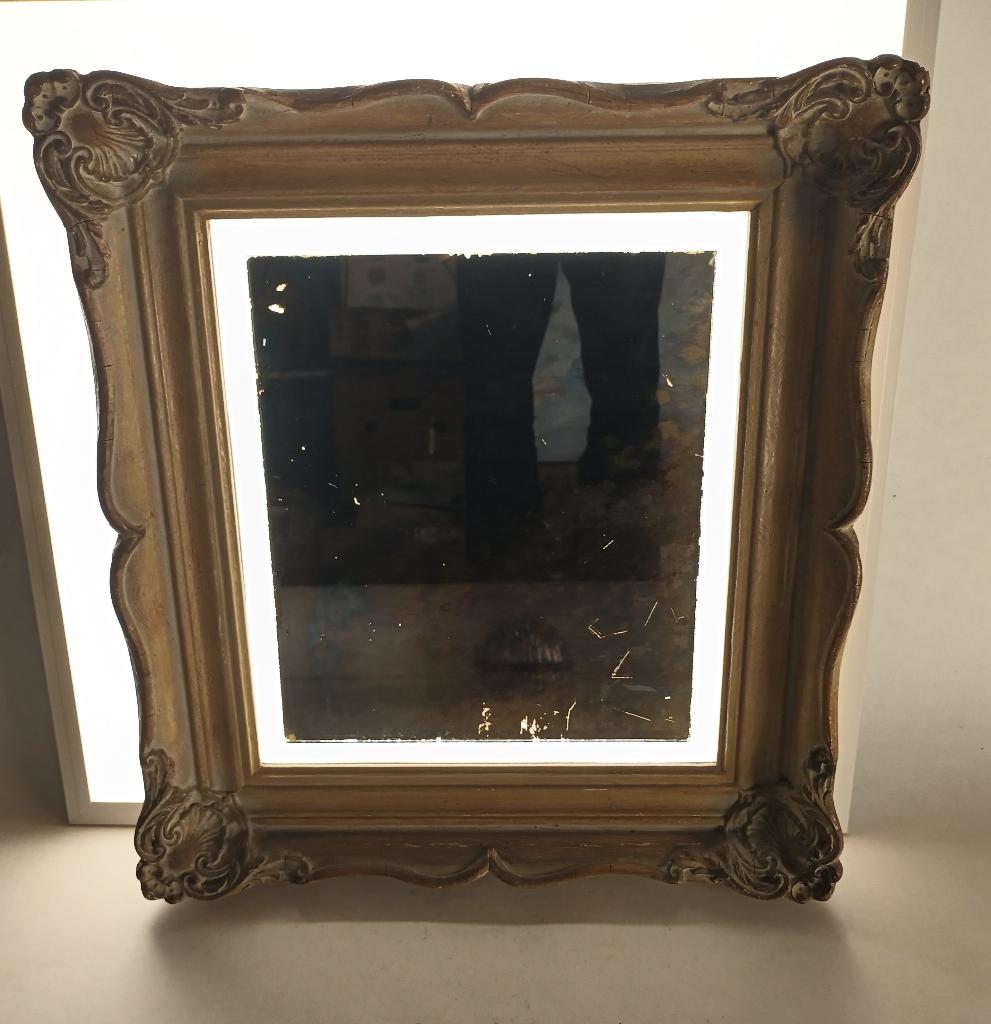 Oude, 'zwevende' spiegel in kader, Ophalen, Rechthoekig, 50 tot 100 cm, Minder dan 100 cm