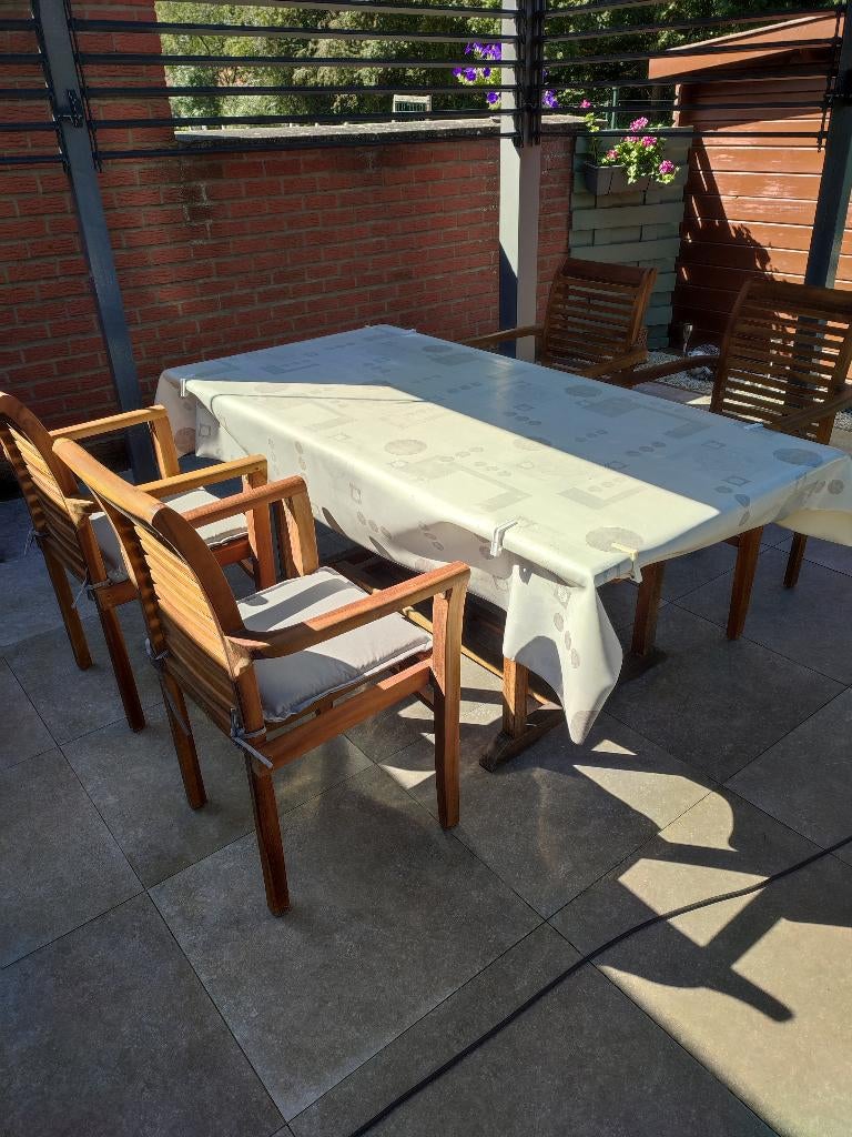 8 stapelbare fauteuils Geolied teakhout: Raja, Tuin en Terras, Ophalen, Zo goed als nieuw, Teakhout, Stapelbaar