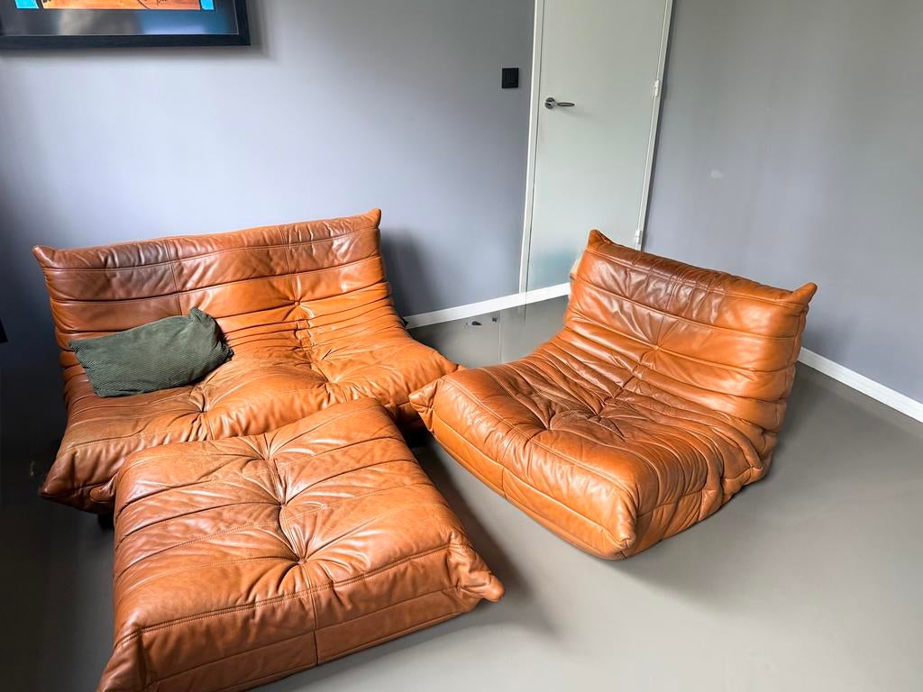 Ligne Roset Togo set in cognac leer 3-delig, Ophalen, Zo goed als nieuw, Leer