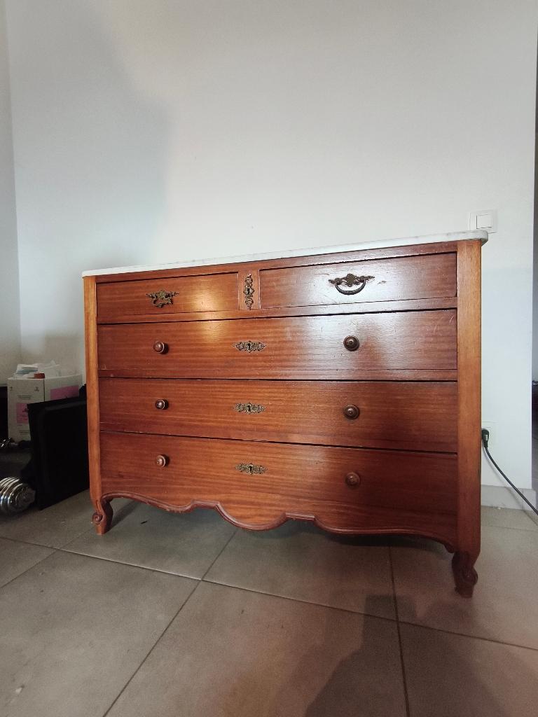 Antieke houten commode met marmeren blad - 5 laden, Antiek en Kunst, Antiek | Meubels | Kasten, Ophalen of Verzenden