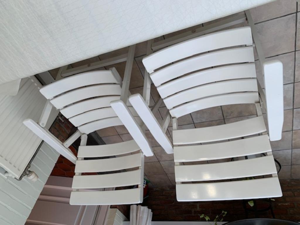 4 degelijke houten plooibare tuinstoelen (Merk : Herlag), Ophalen, Gebruikt, Hout, Inklapbaar