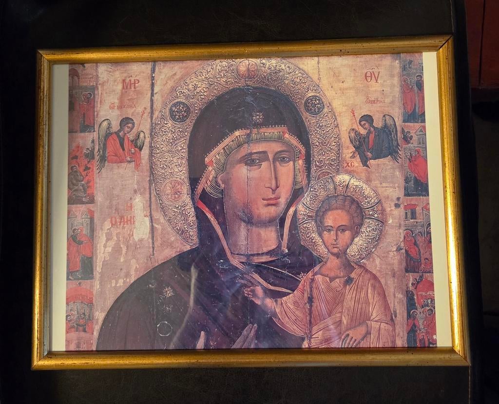 Houten lijst met glas met prent Maagd Maria van Kazan, Ophalen of Verzenden, Gebruikt, Hout