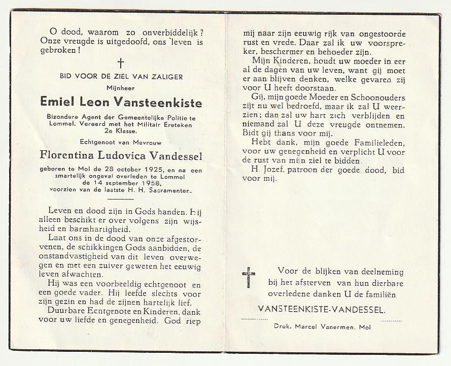 Emiel VANSTEENKISTE Mol ongeval Lommel Agent politie 1958, Envoi