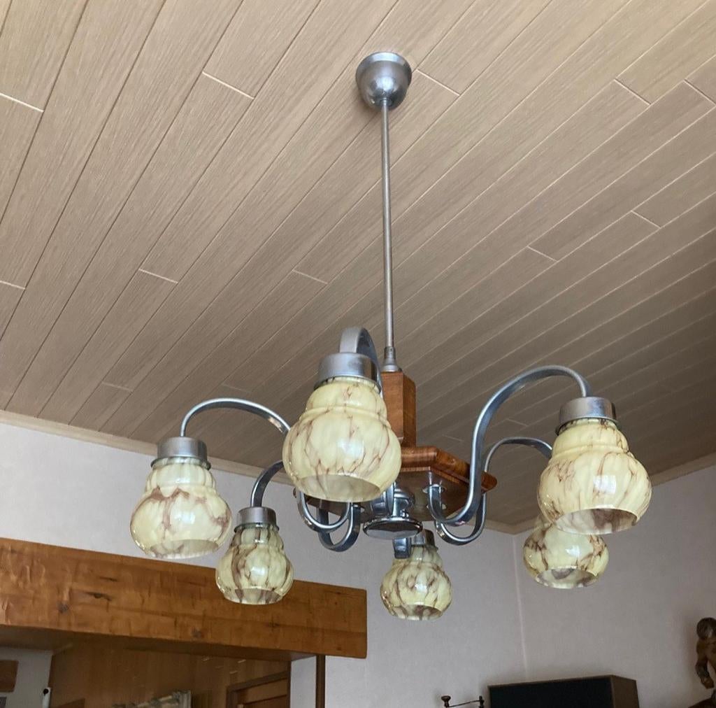 Lustre vintage art déco en opaline marbrée beige, Enlèvement ou Envoi