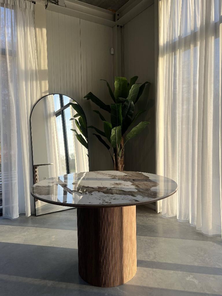 Eettafel Japandi Stijl Rond Wit/Bruin, Huis en Inrichting, Japandi, Rond, Nieuw, Ophalen of Verzenden