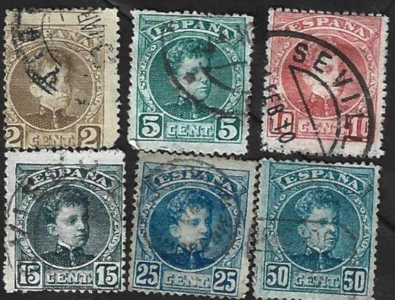6 Postzegels Spanje 1901 Koning Alfons XIII, Timbres & Monnaies, Timbres | Europe | Espagne, Enlèvement ou Envoi, Affranchi