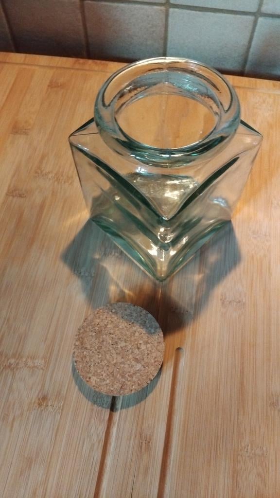 Grote vierkante glazen pot met kurken deksel, Ophalen of Verzenden