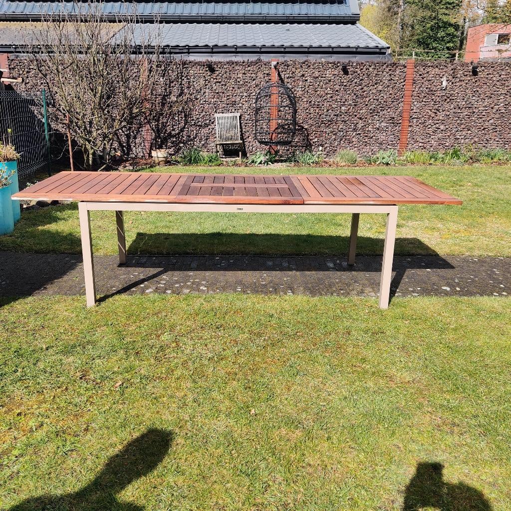 Tuintafel aluminium met teak blad 1m op 2.50 met 8 stoelen, Tuin en Terras, Tuintafels, Ophalen, Gebruikt, Rechthoekig, Aluminium