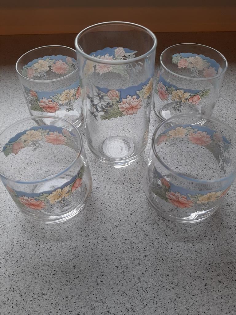 Vintage glazen set bloemenmotief – 5 stuks retro, Verzamelen, Glas en Drinkglazen, Ophalen of Verzenden