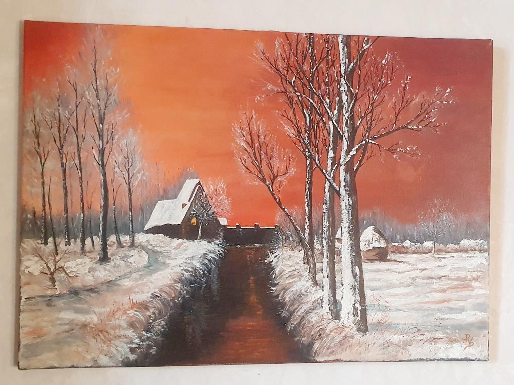 Olieverf schilderij winterlandschap, Ophalen of Verzenden