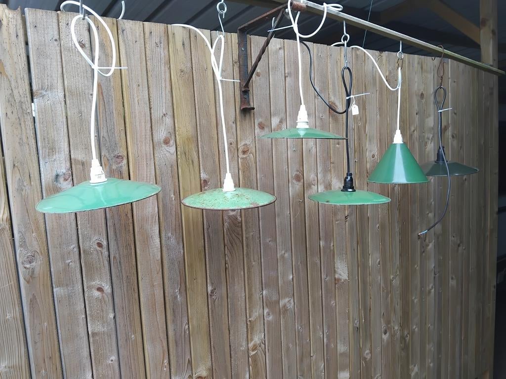 6 vintage Franse emaille lampenkapjes, Huis en Inrichting, Lampen | Hanglampen, Gebruikt, 75 cm of meer, Kunststof, Metaal, Ophalen of Verzenden